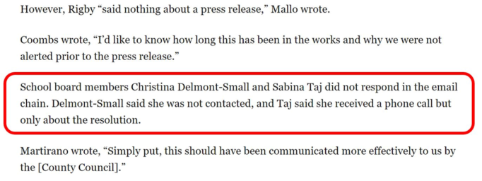 Excerpt from Baltimore Sun article, “Emails show county officials blindsided by council members’ schools ‘desegregation’ news release”, August 22, 2019